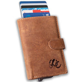 Slim leather wallet with pop-up card tray and bifold cash section