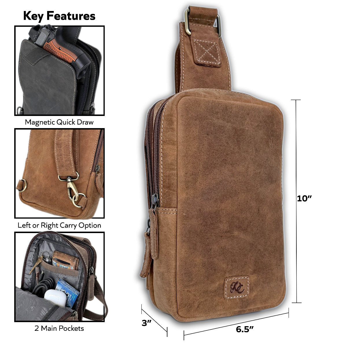 Compact brown leather sling bag for travel, EDC, and discreet concealed carry