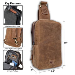Compact brown leather sling bag for travel, EDC, and discreet concealed carry
