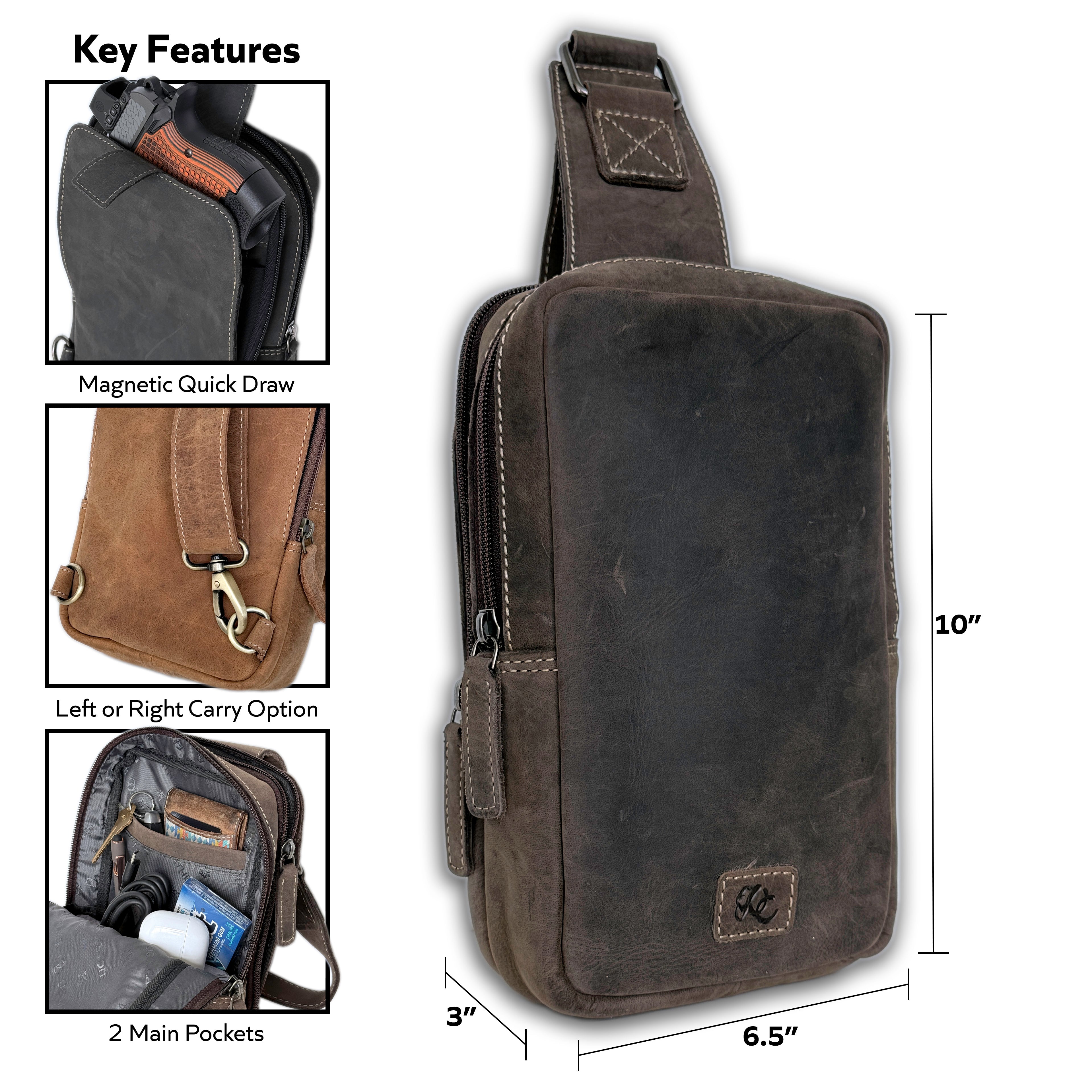 Compact dark brown leather sling bag for travel, EDC, and concealed carry