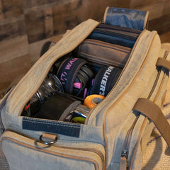 UC Leather tan tactical range bag with canvas body leather accents and carry handles