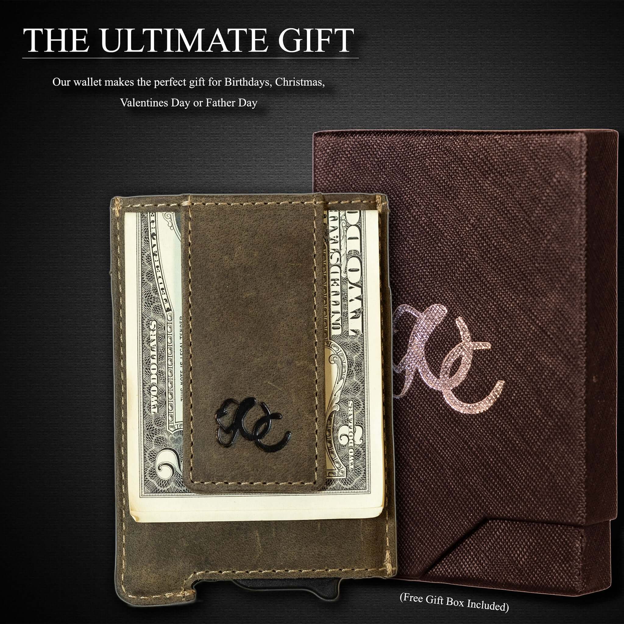 Olive pop-up wallet with strong magnetic clip, full grain leather, RFID protection, and embossed UC Leather branding