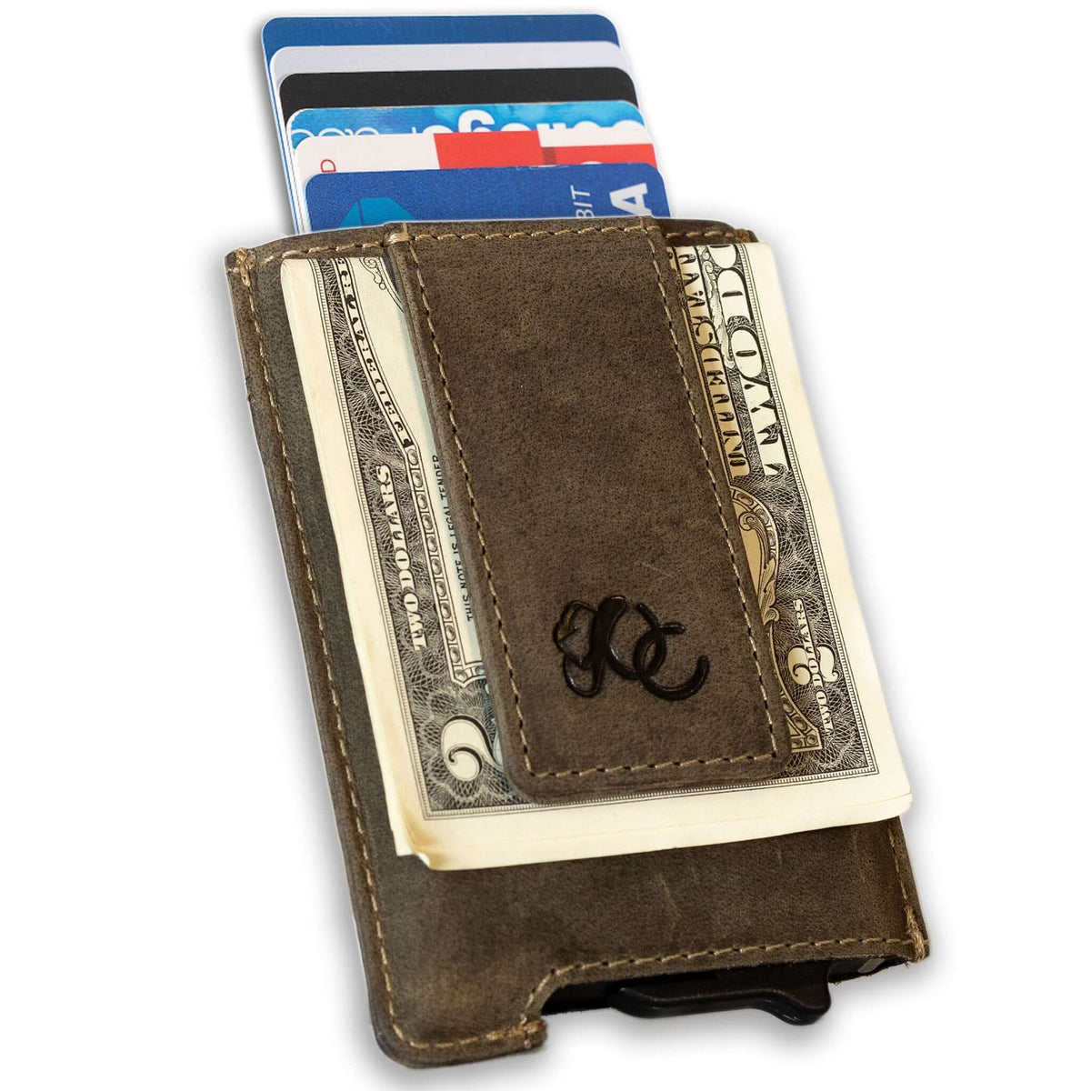 Olive pop-up wallet with strong magnetic clip, full grain leather, RFID protection, and embossed UC Leather branding