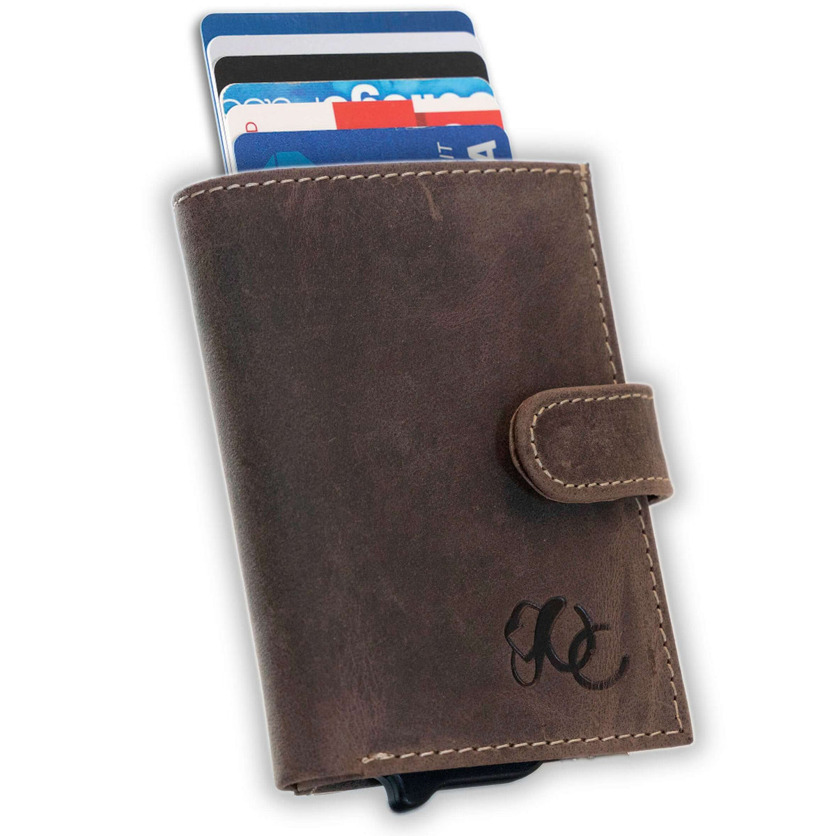 Slim leather wallet with pop-up card tray and bifold cash section-Dark Brown