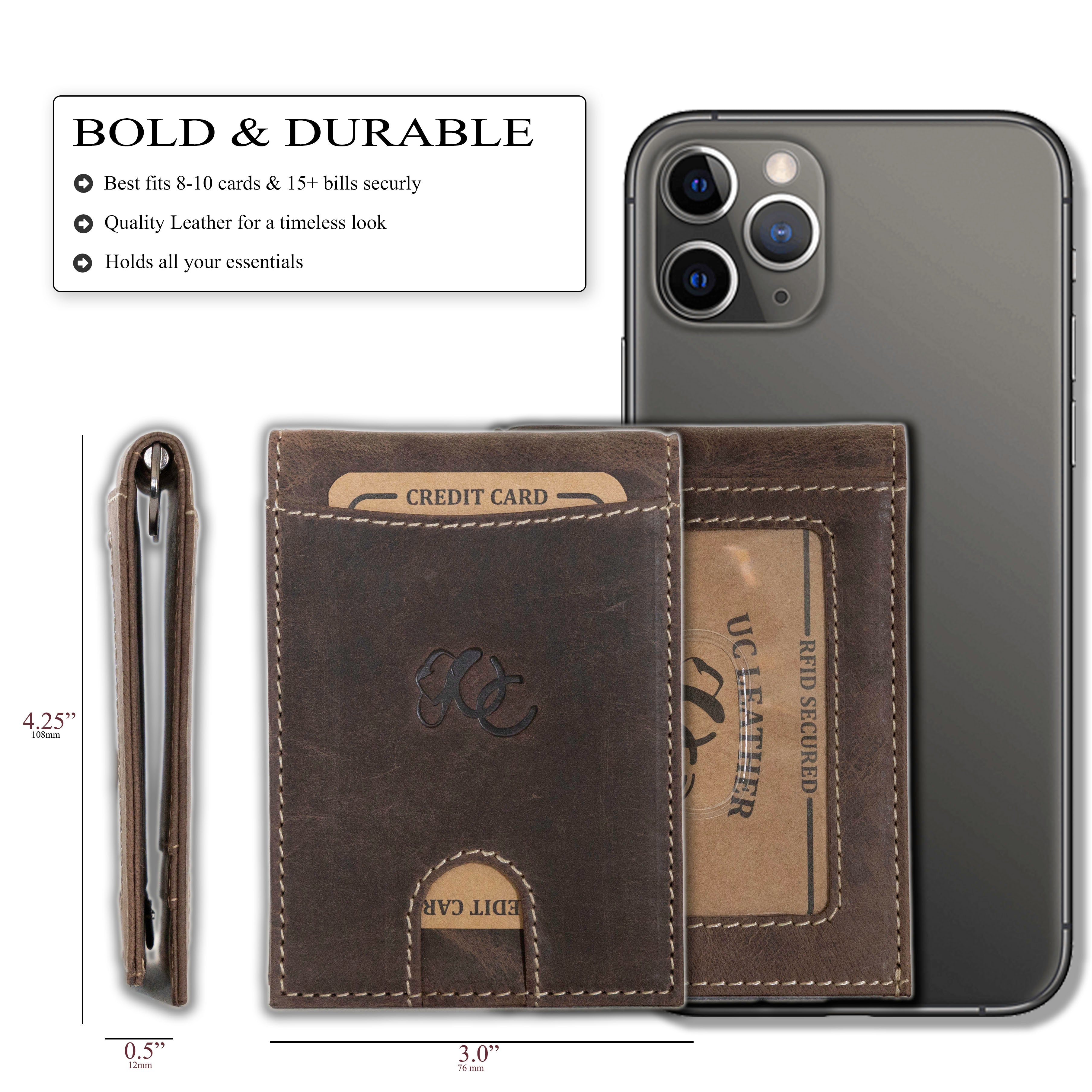 Leather bifold wallet with integrated money clip and card slots-Dark Brown-size comparison