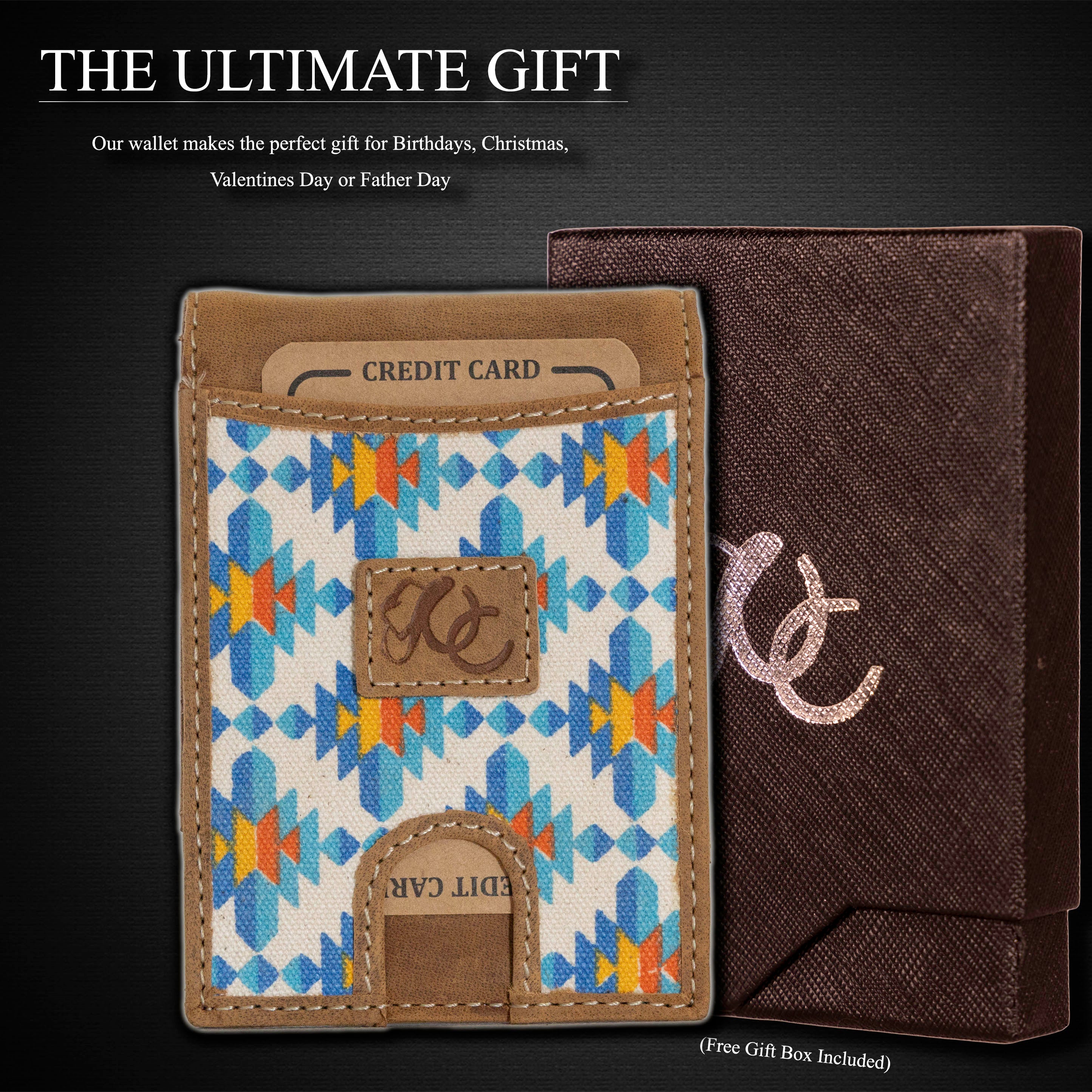 Leather bifold wallet with integrated money clip and card slots-Aztec/Leather and Gift Box