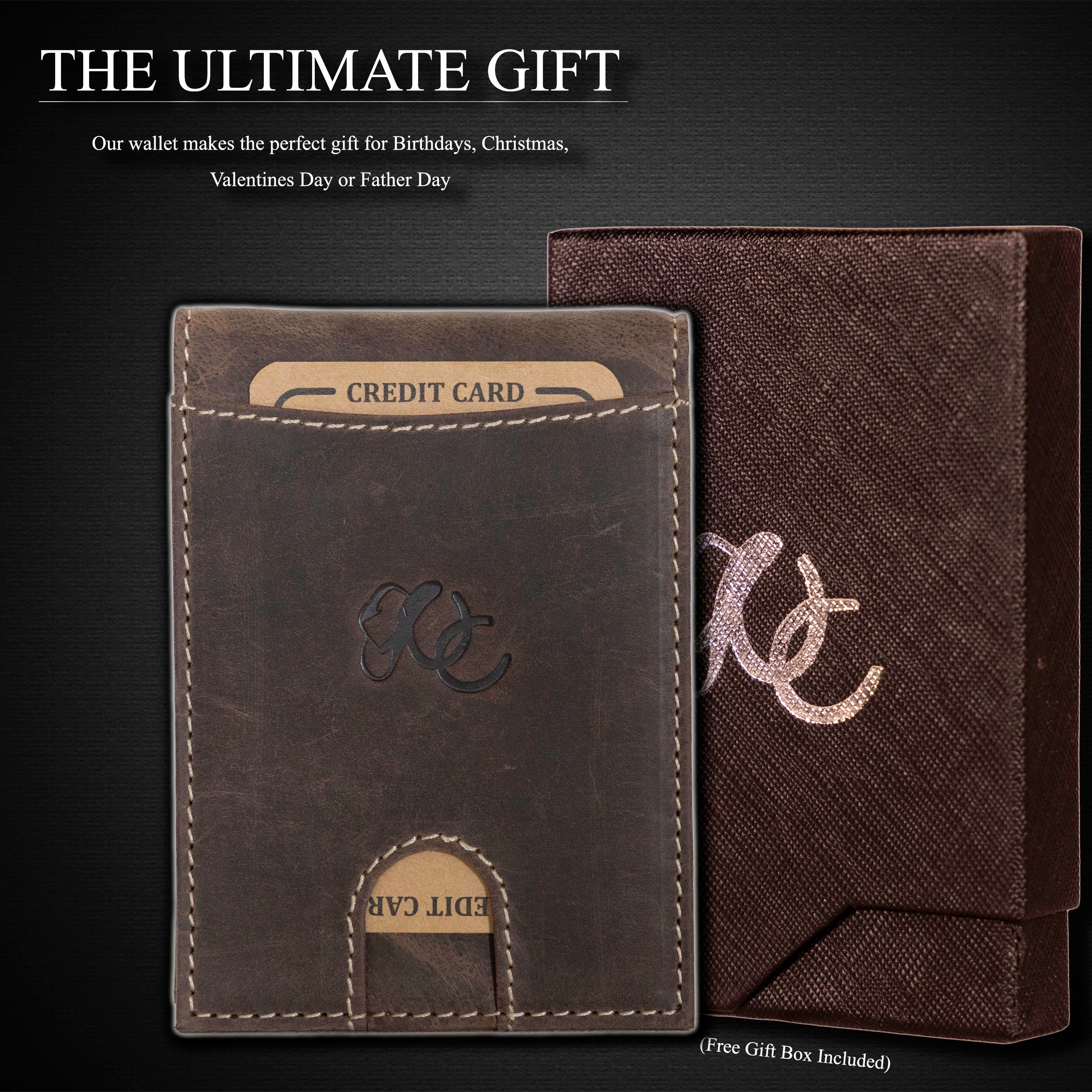 Leather bifold wallet with integrated money clip and card slots-Dark Brown-gift box