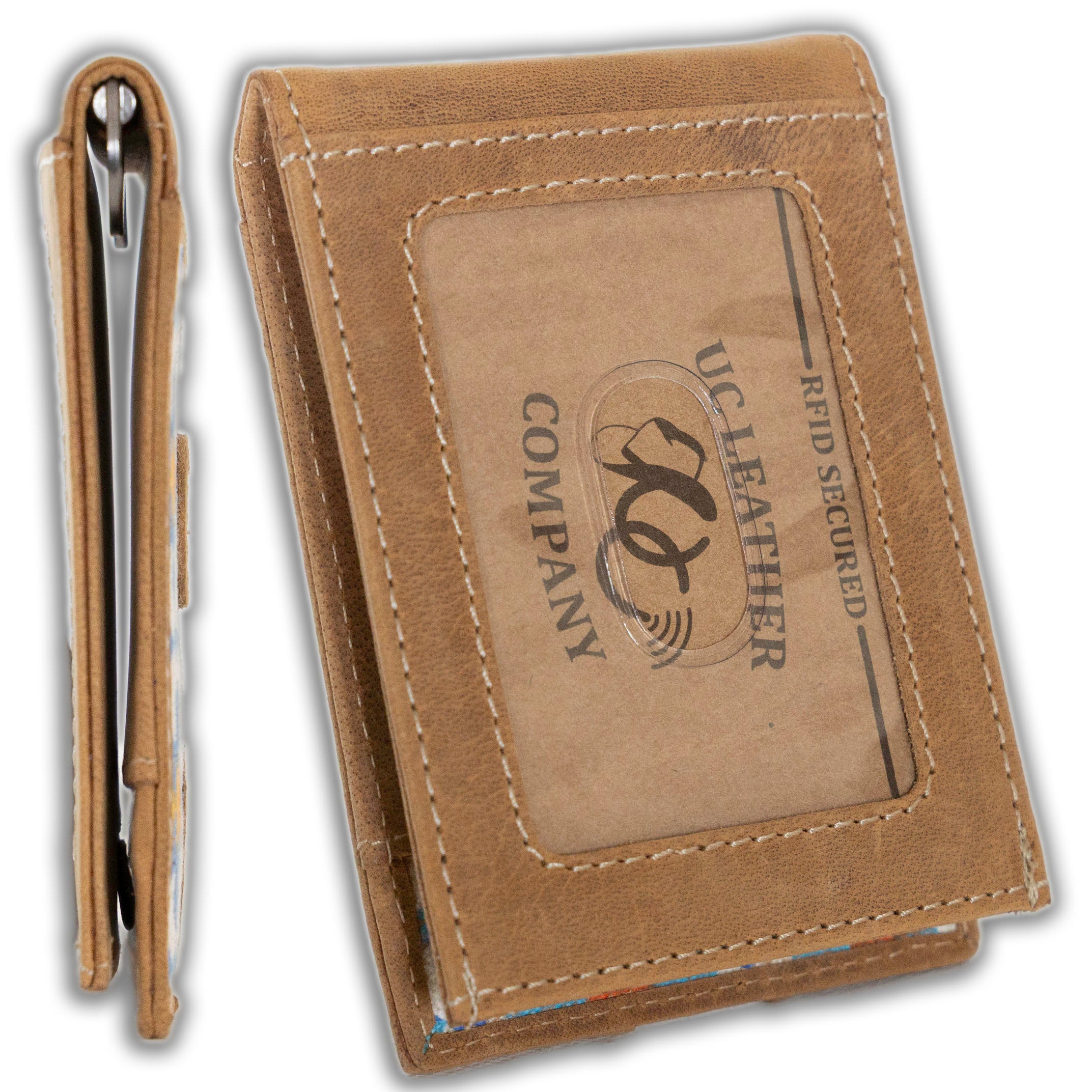Leather bifold wallet with integrated money clip and card slots-Aztec-Id window