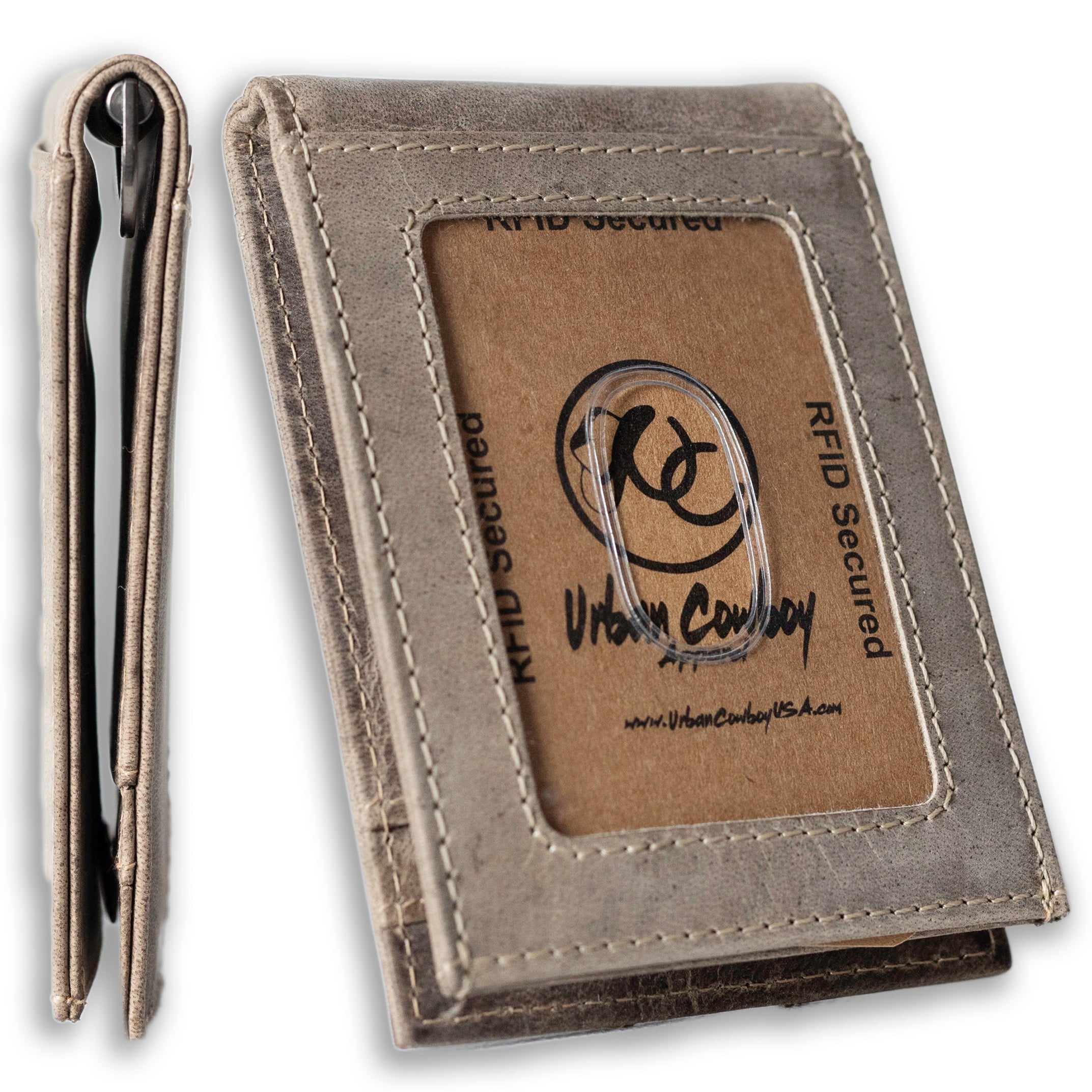 Leather bifold wallet with integrated money clip and card slots-Sand-Id window