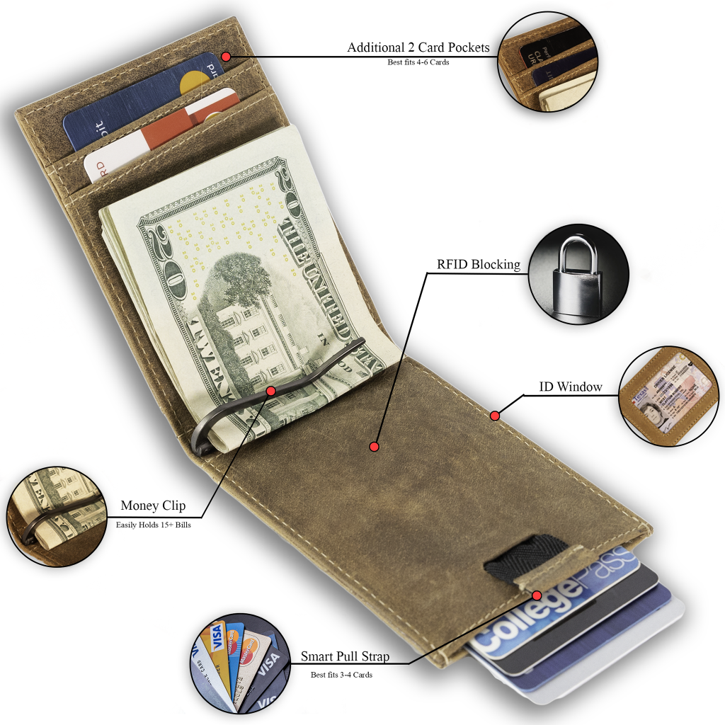 Leather bifold wallet with integrated money clip and card slots-X Stitch