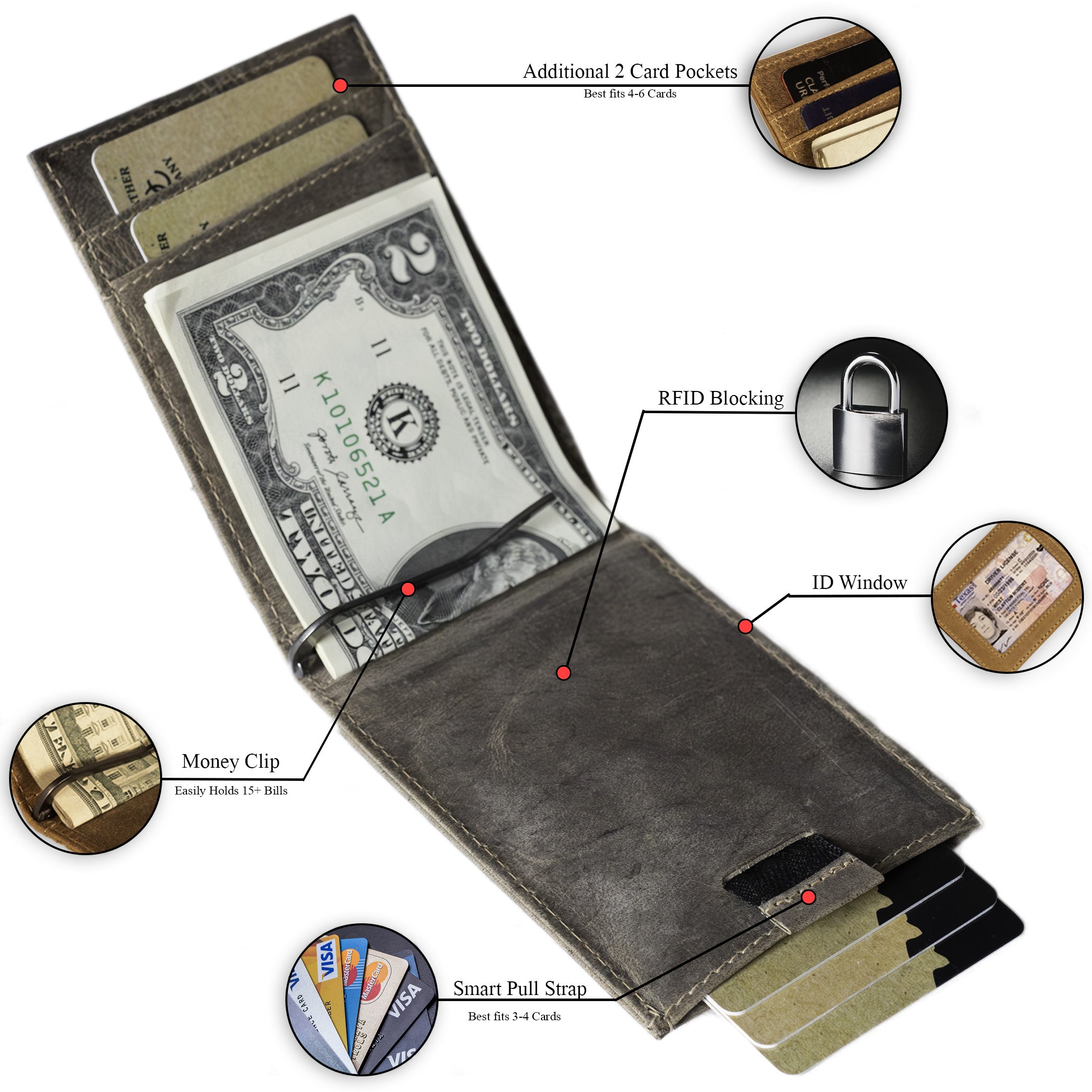 Leather bifold wallet with integrated money clip and card slots-Sand