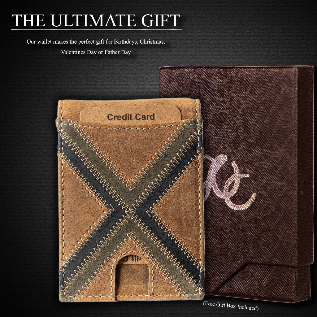 Leather bifold wallet with integrated money clip and card slots-X Stitch
