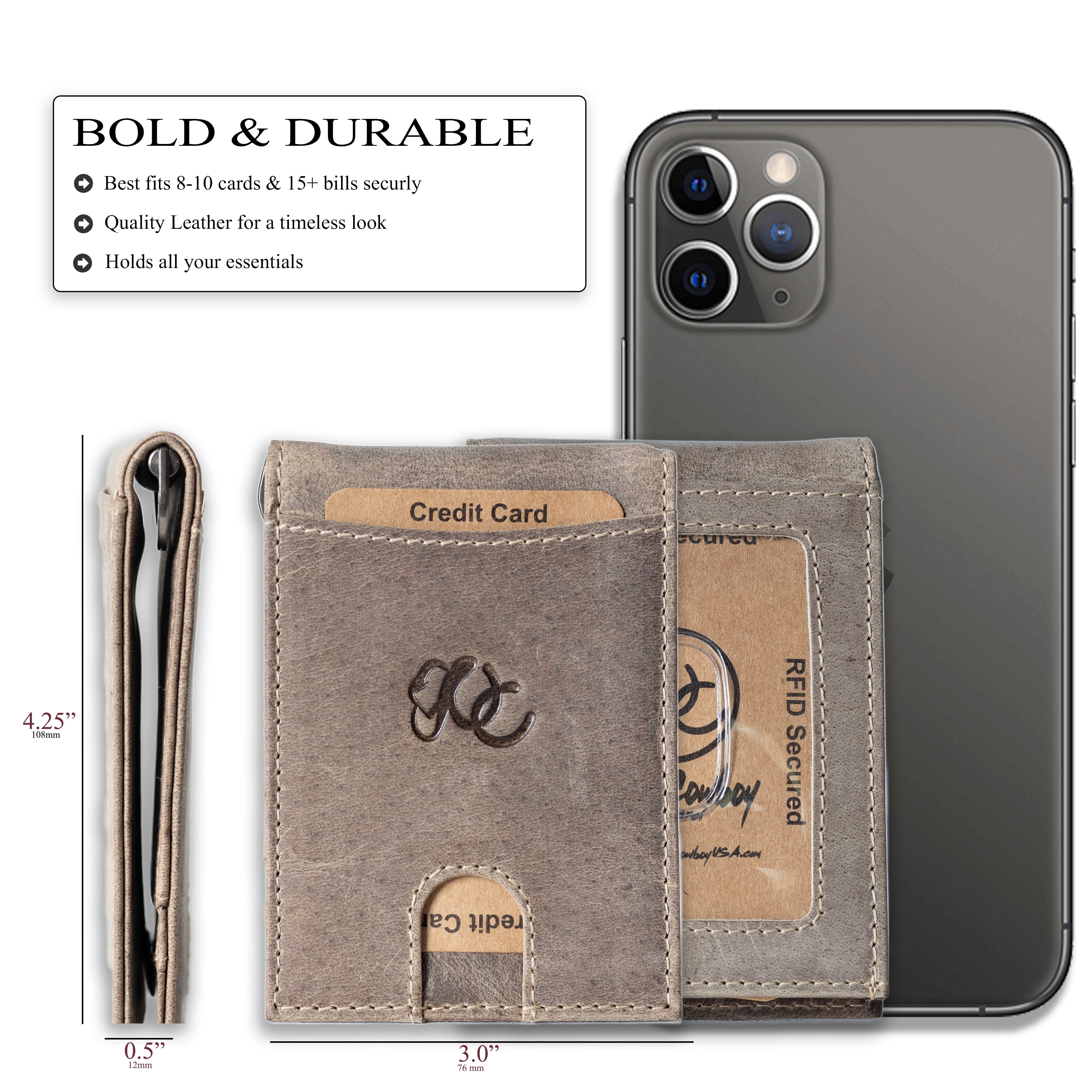 Leather bifold wallet with integrated money clip and card slots-Sand size comparison