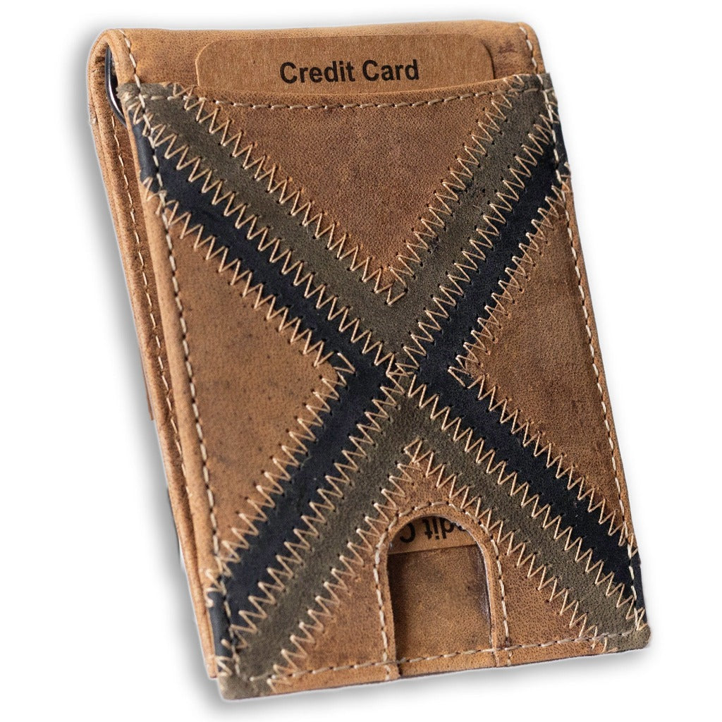 Leather bifold wallet with integrated money clip and card slots-X Stitch