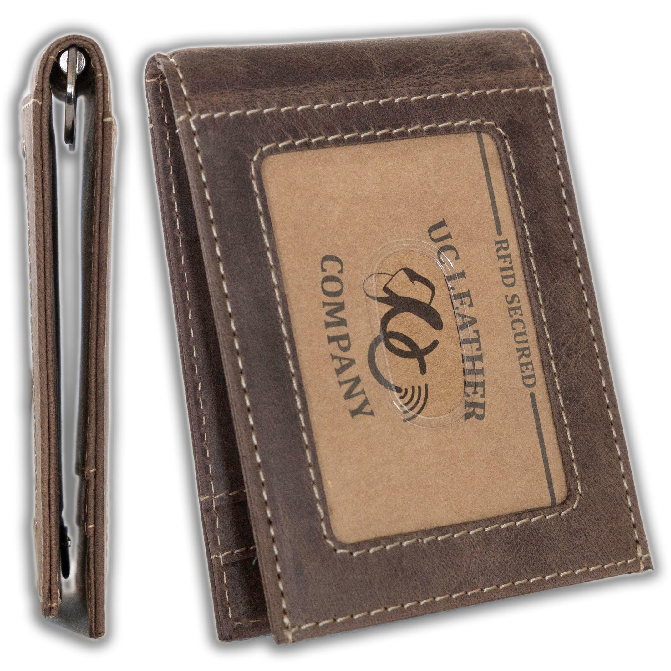 Leather bifold wallet with integrated money clip, card slots, and ID holder-Dark Brown