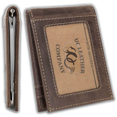 Leather bifold wallet with integrated money clip, card slots, and ID holder-Dark Brown