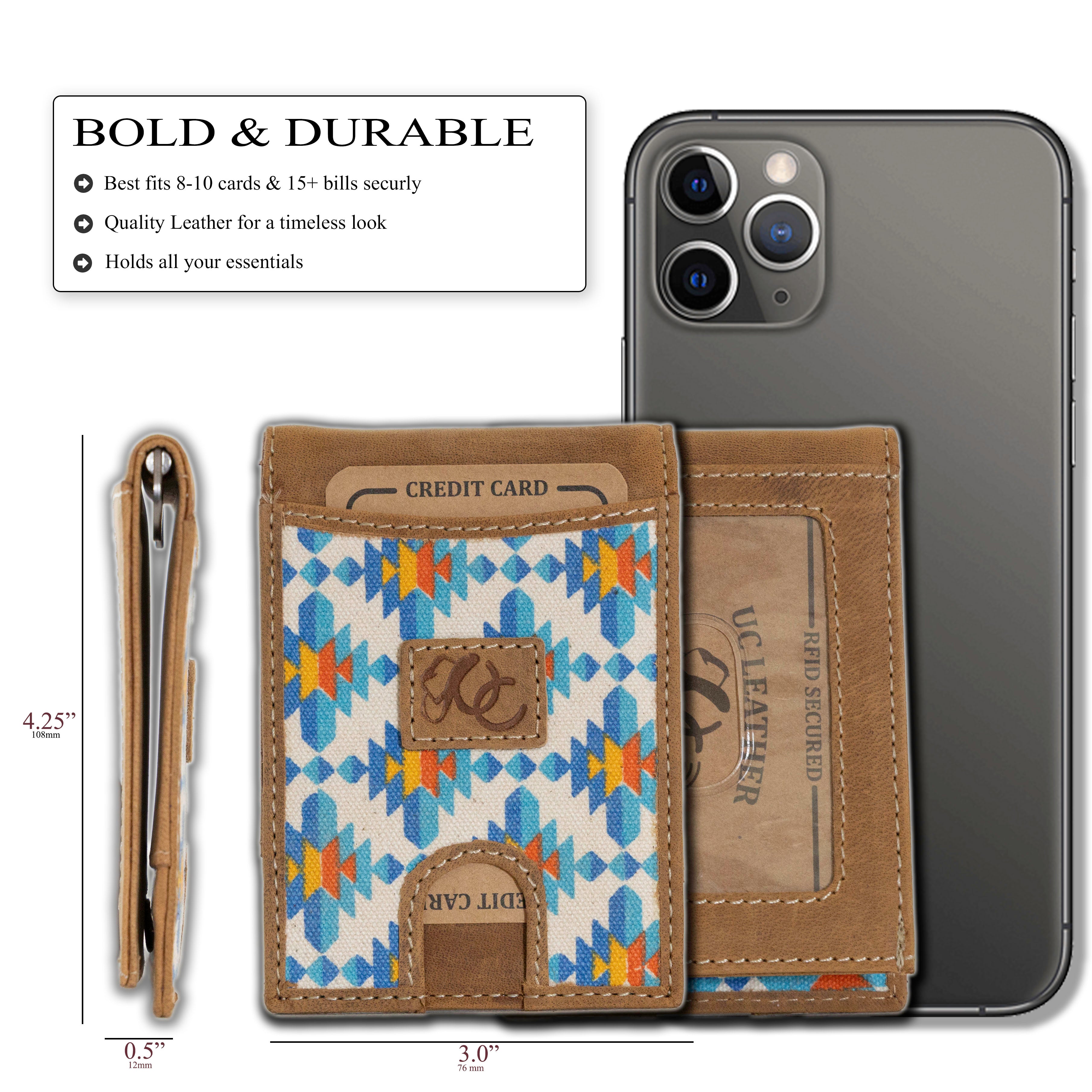 Leather bifold wallet with integrated money clip and card slots-Aztec-size comparison