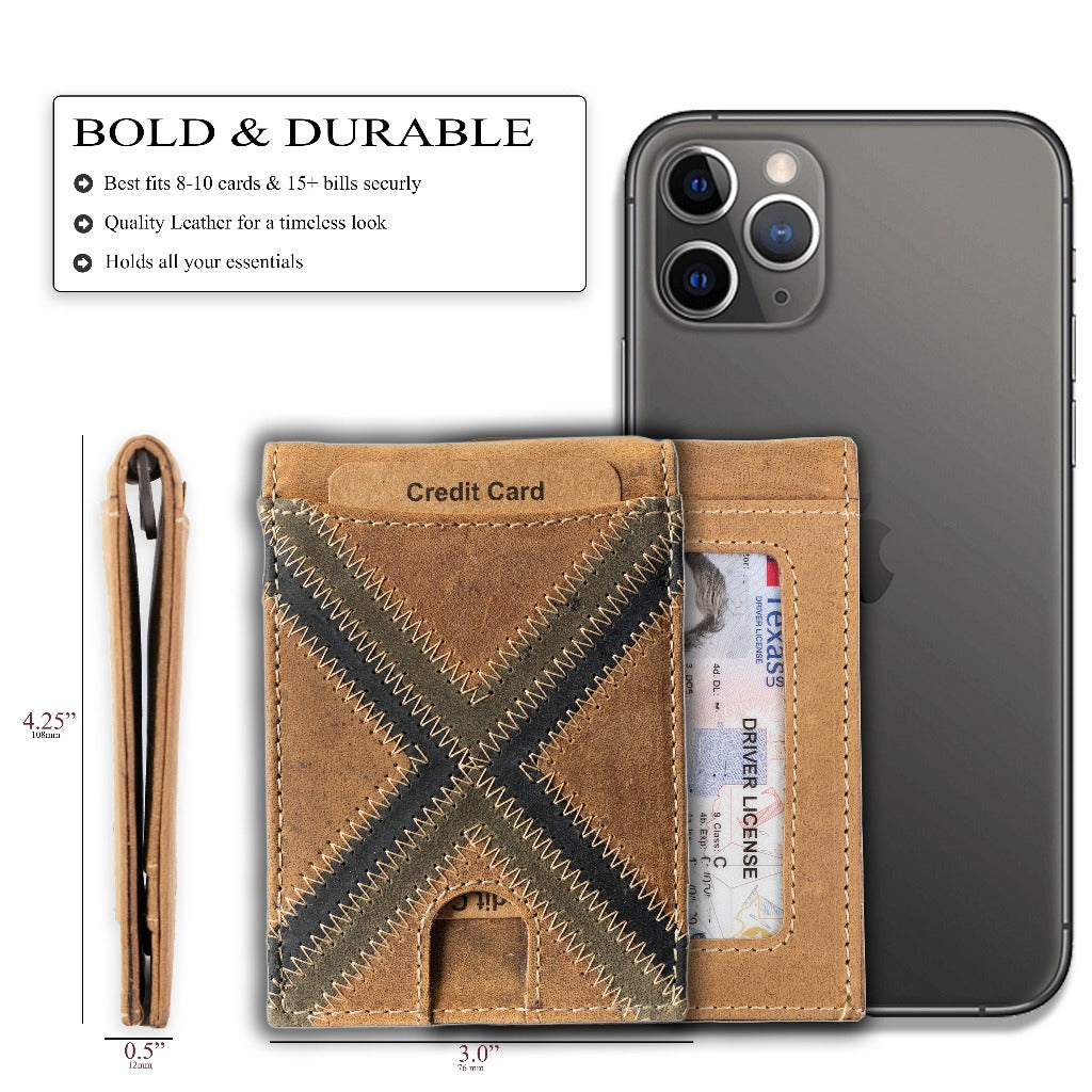Leather bifold wallet with integrated money clip and card slots-X Stitch