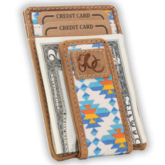 Slim front pocket wallet with aztec canvas and full grain leather, RFID protection, magnetic cash clip, card slots, and rugged stitching-Aztec