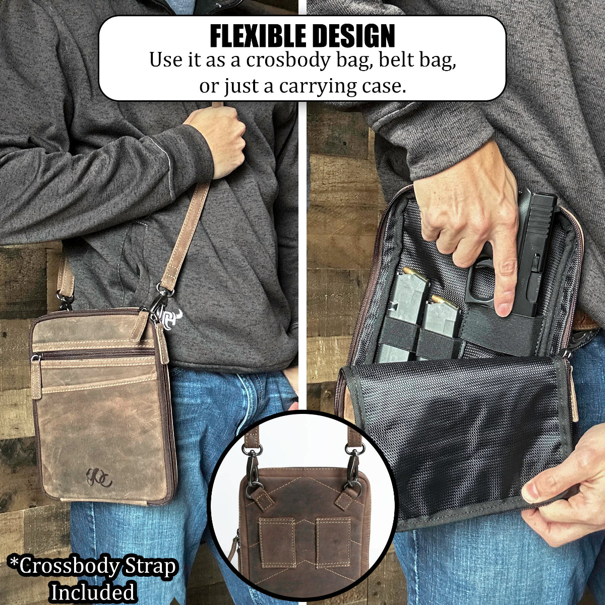 Person using a flexible bag with crossbody strap, belt bag, or carrying case options.