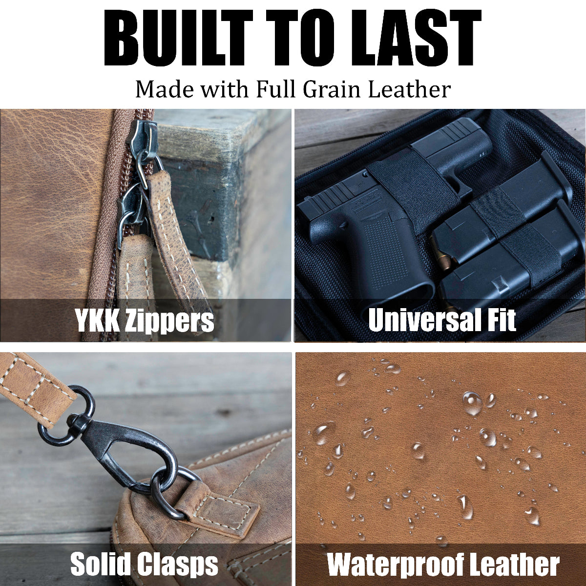 Product features with text highlighting YKK zippers, universal fit, solid clasps, and waterproof leather.