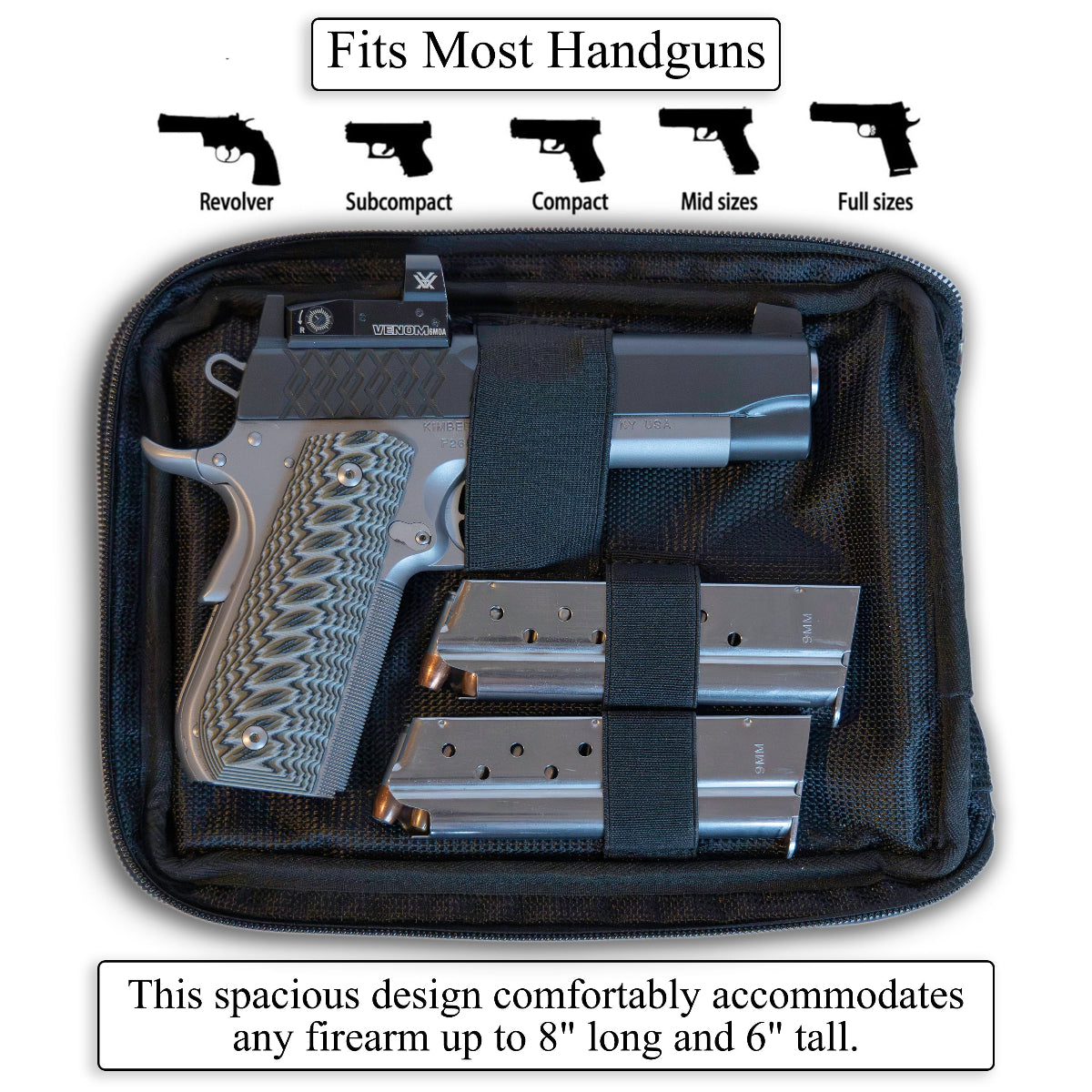 Black gun case with a handgun and magazines, labeled for various handgun types.