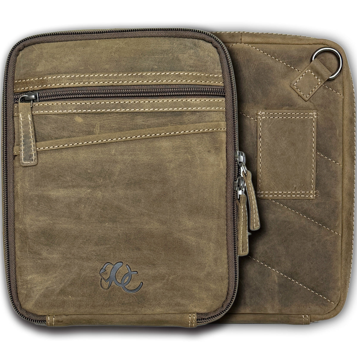 olive leather pouch with zipper and handle on a white background
