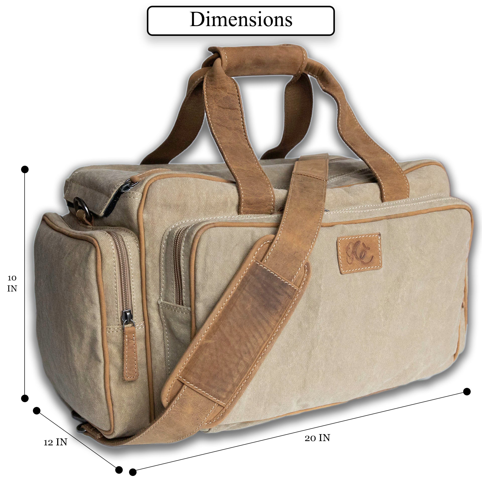Shooting gear duffel with carry handles and side compartments-Tan Canvas and Brown Leather