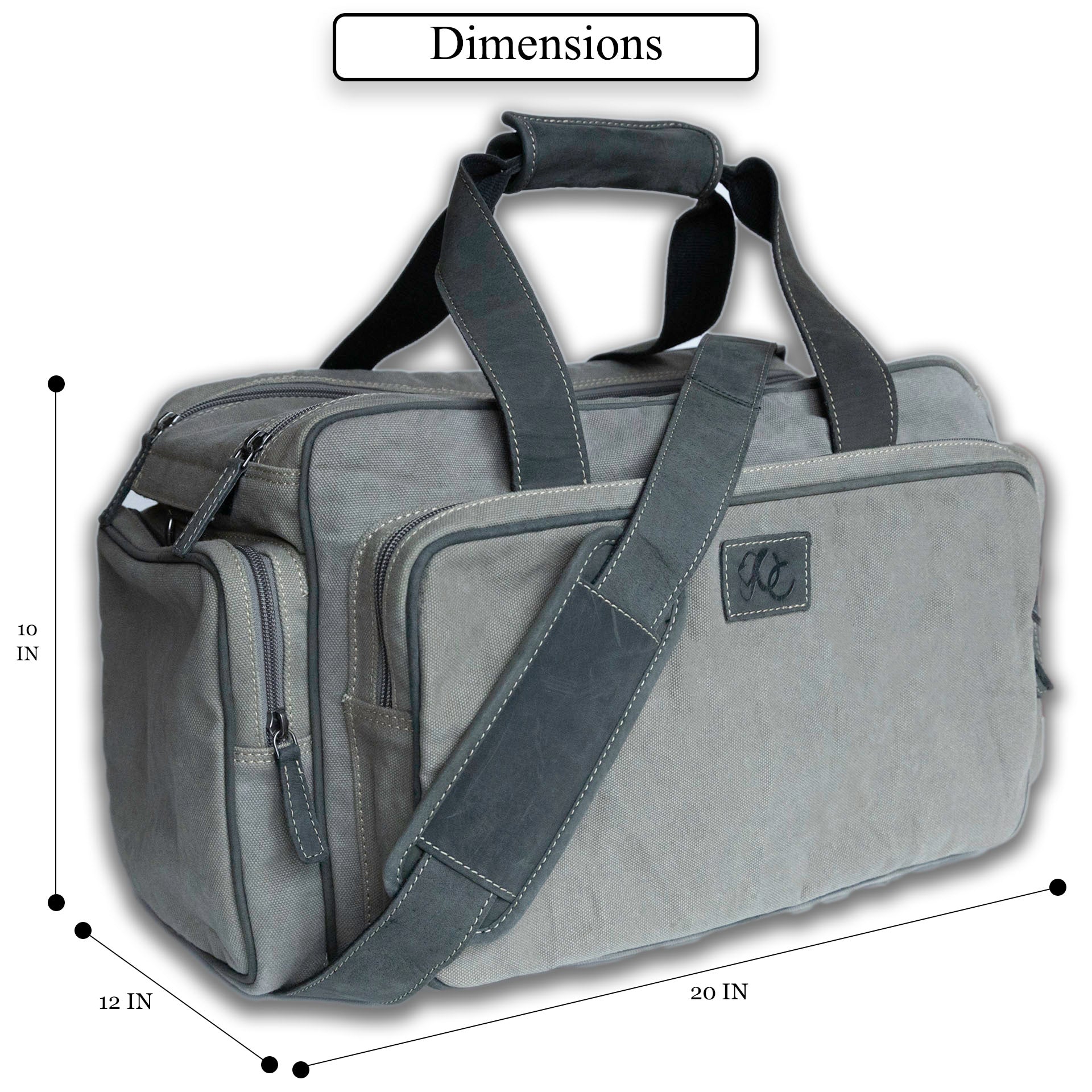 Shooting gear duffel with carry handles and side compartments- Grey canvas and Black Leather