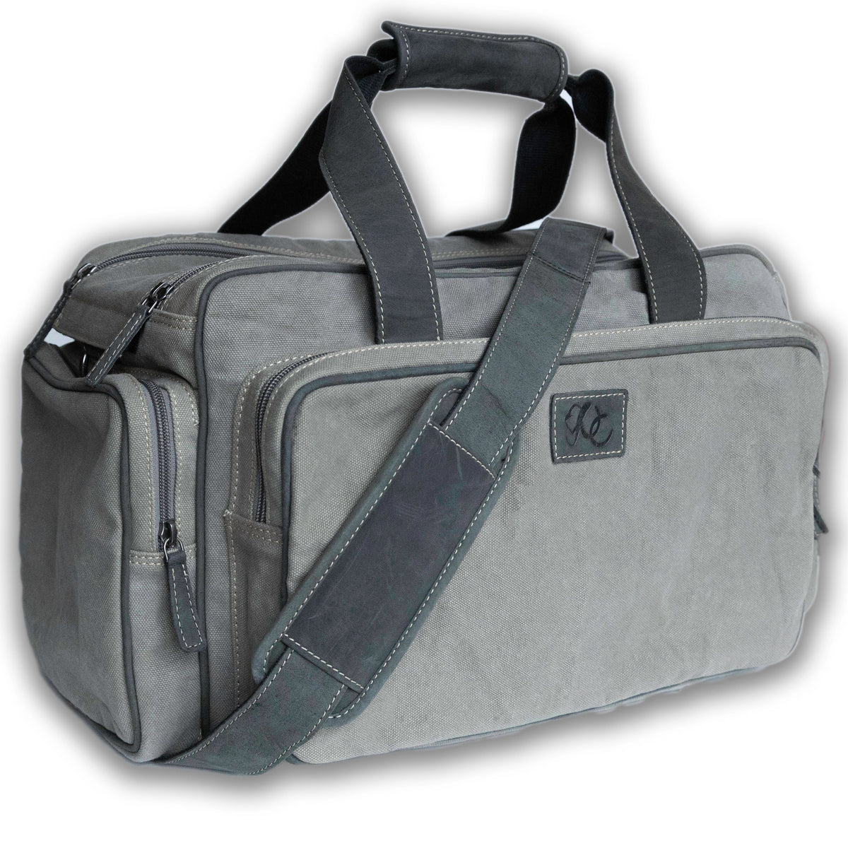 Shooting gear duffel with carry handles and side compartments-Grey canvas and Black Leather