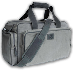 Shooting gear duffel with carry handles and side compartments-Grey canvas and Black Leather