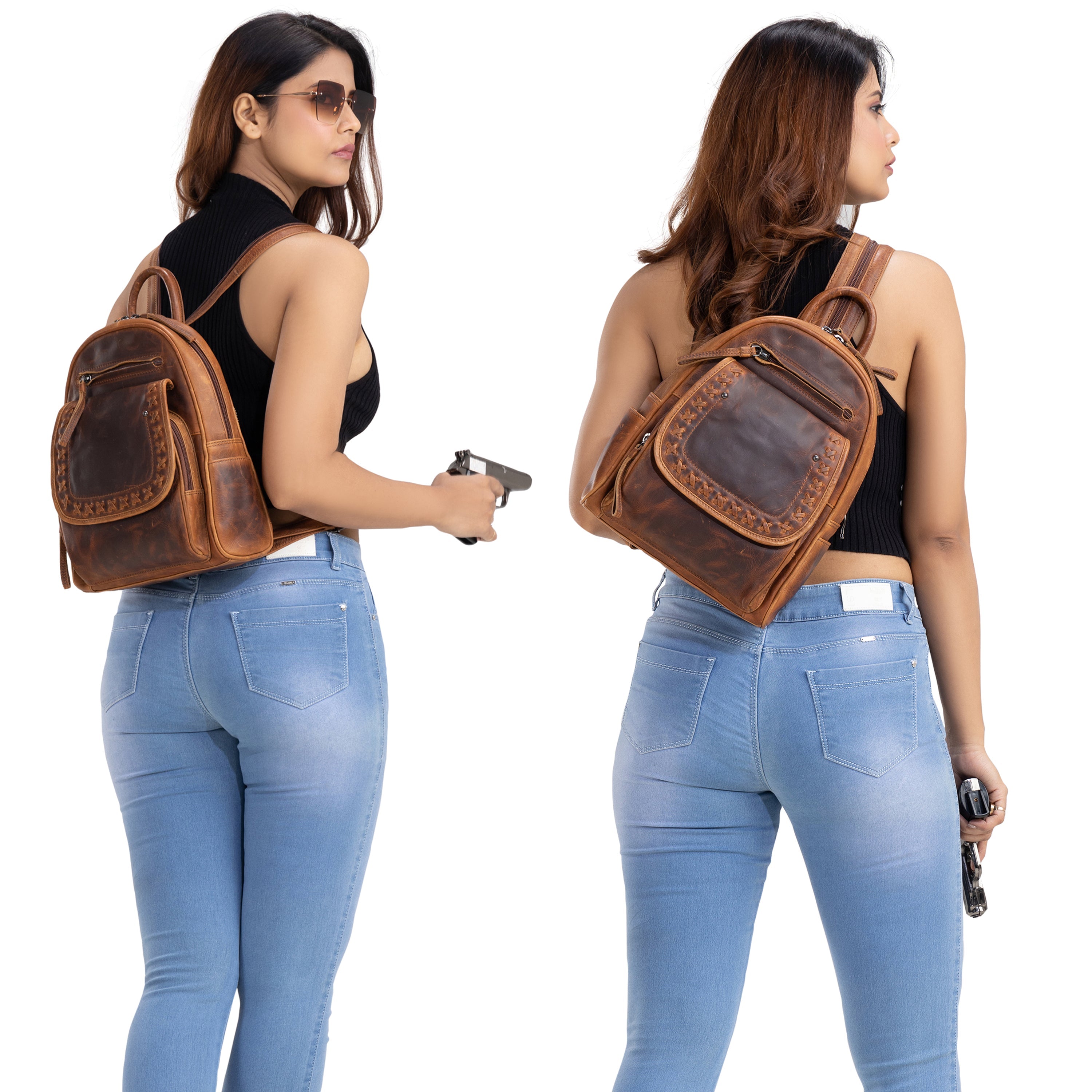 Concealed Carry RFID Daisy Leather Backpack - Locking Concealment Bag for Pistol - Outdoors Gun Bag - Women's Conceal Carry Purse for Firearm - Gift for Gun Owner - Gift for Women with Guns - Gifts for Hunters - Pistol Gun Backpack - Leather Gun Bag - Bag for Glock