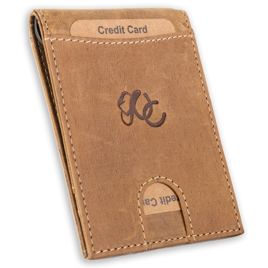 Leather bifold wallet with integrated money clip and card slots-Brown