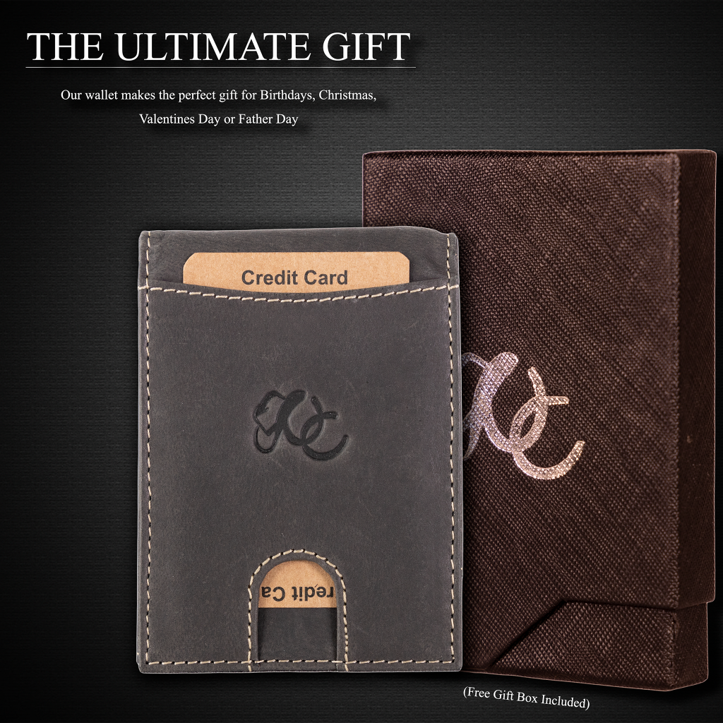 Leather bifold wallet with integrated money clip and card slots-Black- gift box