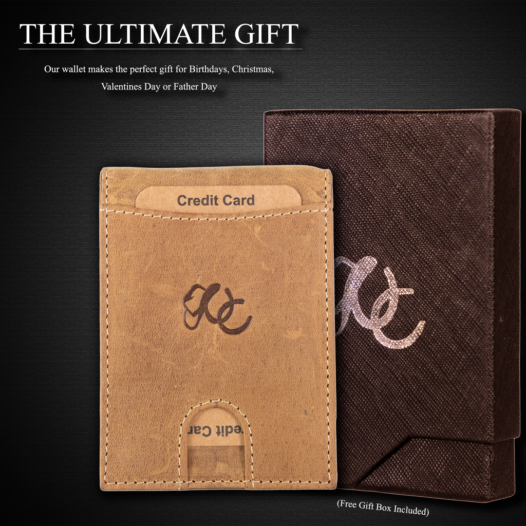 Leather bifold wallet with integrated money clip and card slots-Brown-gift box