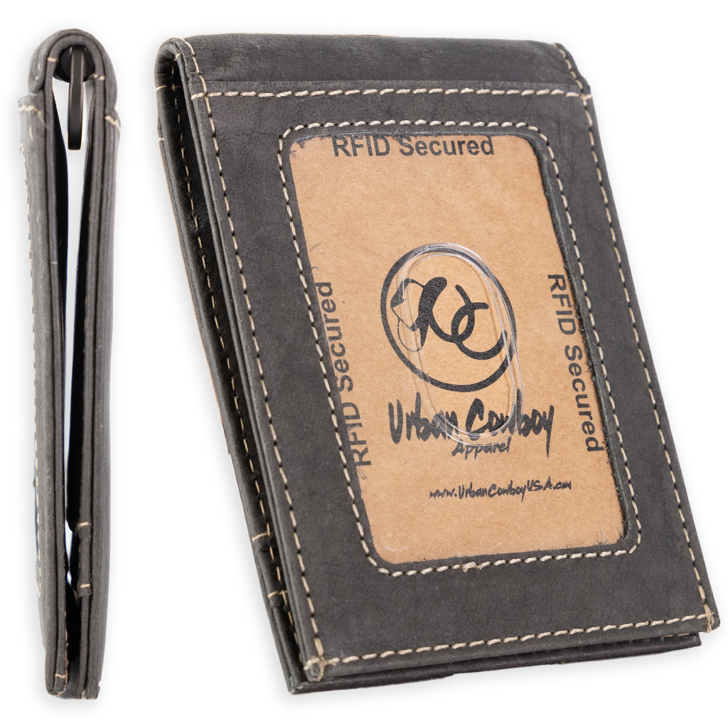 Leather bifold wallet with integrated money clip and card slots-Black-Id window