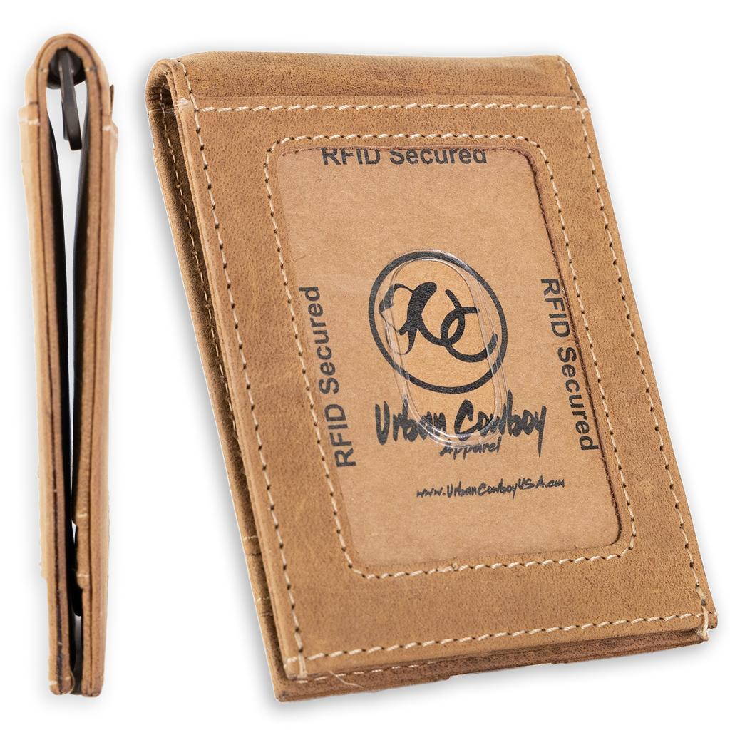 Leather bifold wallet with integrated money clip and card slots-Brown-Id window