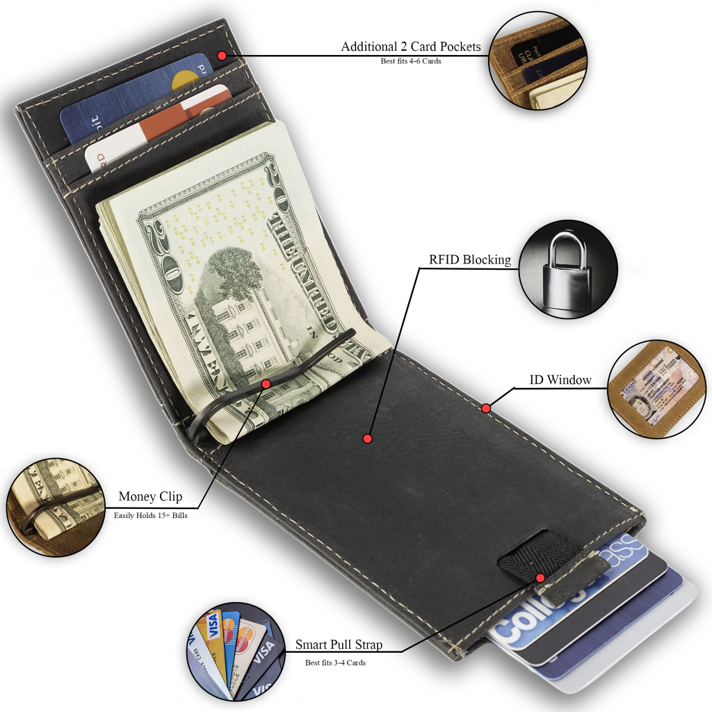 Leather bifold wallet with integrated money clip and card slots-Black-inside look