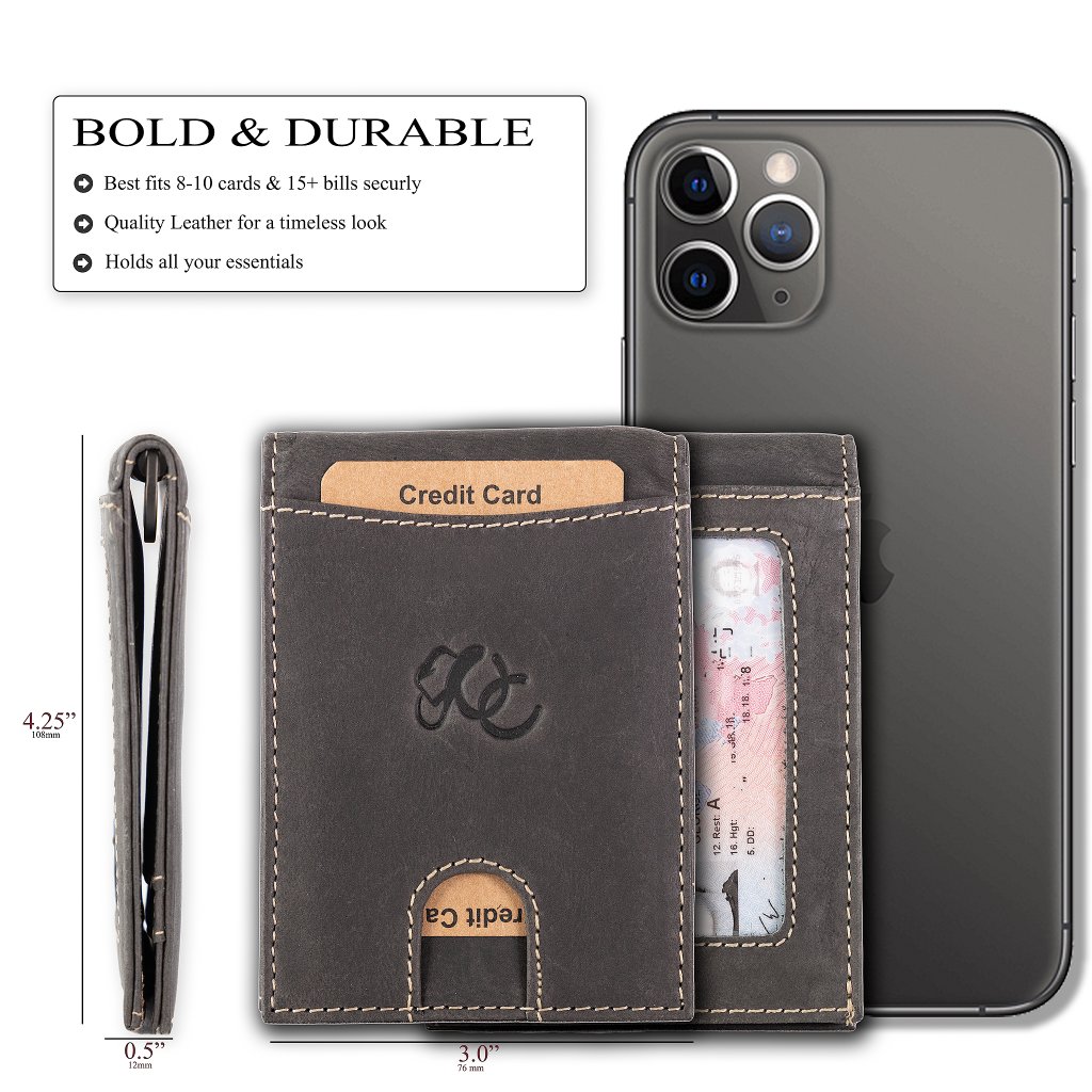 Leather bifold wallet with integrated money clip and card slots-Black-size comparison