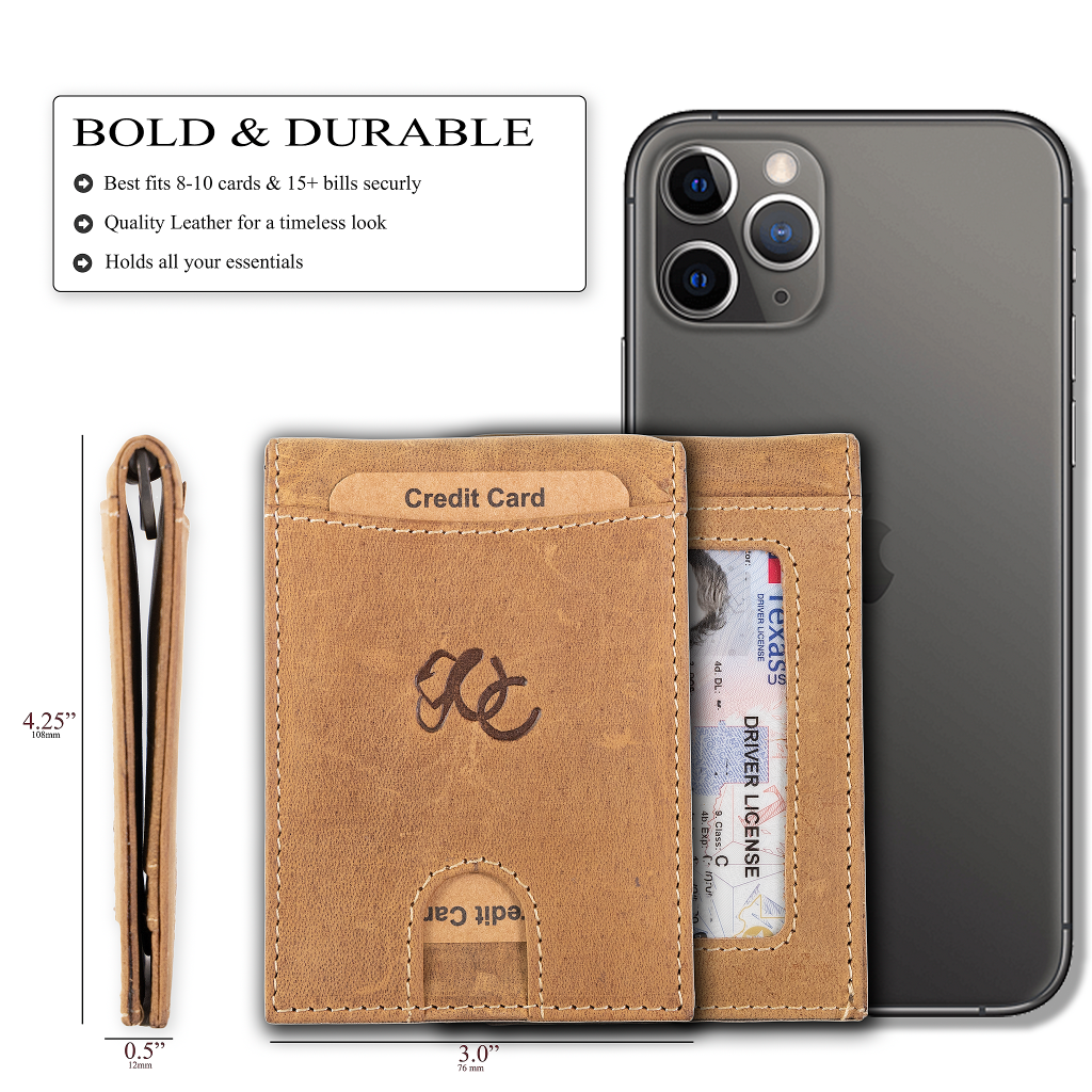 Leather bifold wallet with integrated money clip and card slots-Brown-size comparison