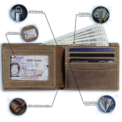Full grain leather classic bifold wallet with RFID protection, multiple card slots, and durable rugged styling – Brown