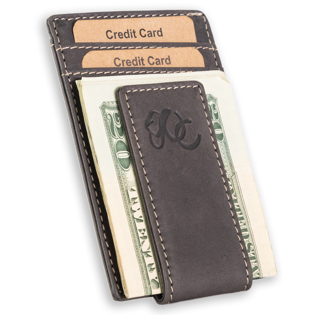 Slim front pocket wallet with full grain leather, RFID protection, magnetic cash clip, card slots, and rugged stitching-Black