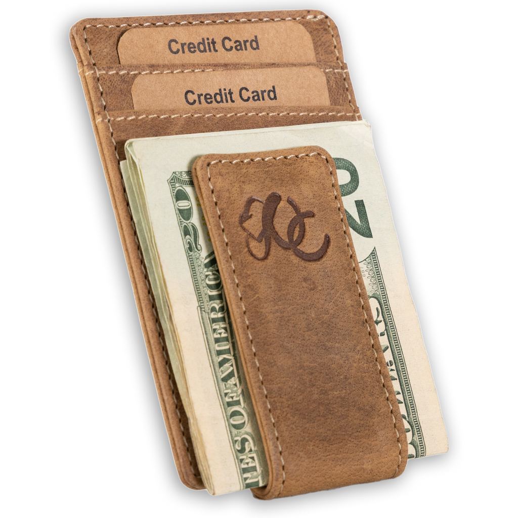 Slim front pocket wallet with full grain leather, RFID protection, magnetic cash clip, card slots, and rugged stitching-Brown
