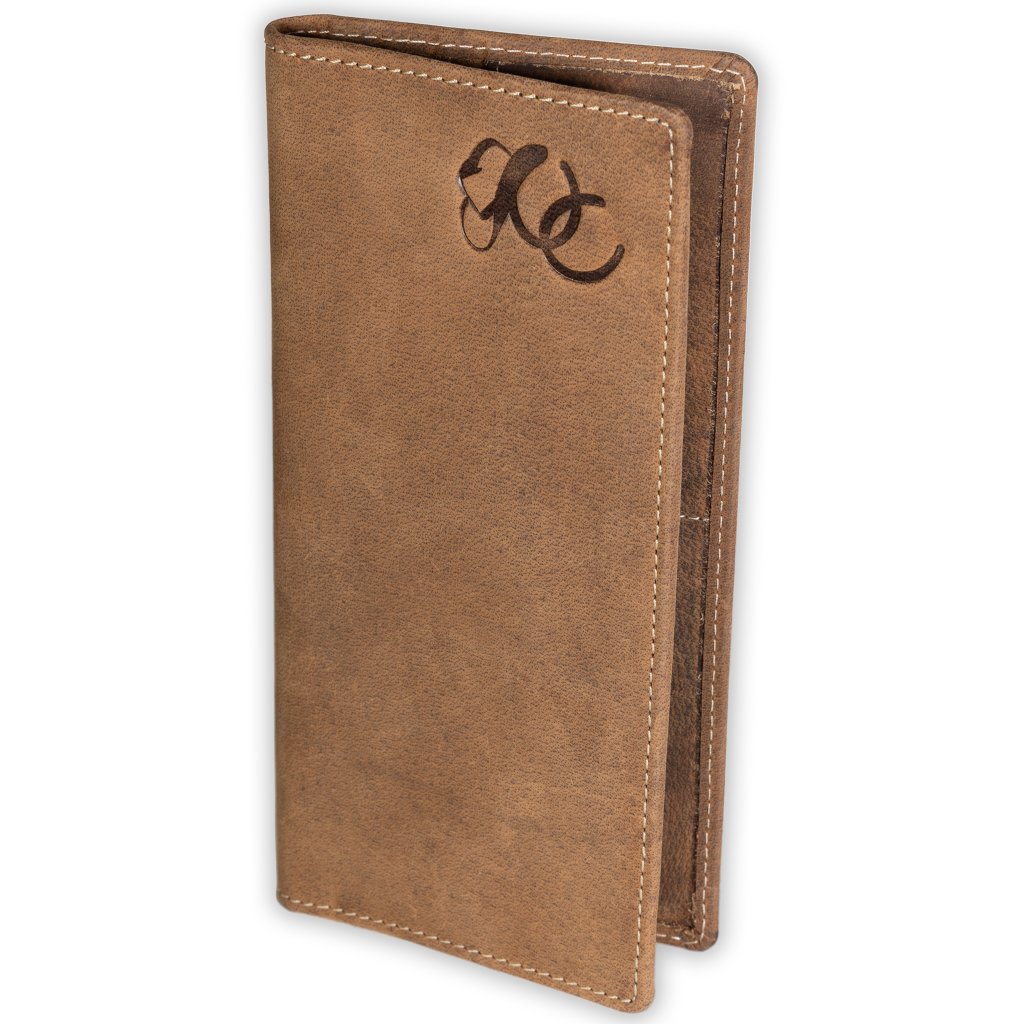 Leather rodeo wallet with tall design, full grain leather, RFID protection, multiple slots for cards, cash, and checkbook-Brown - tall and UC Logo