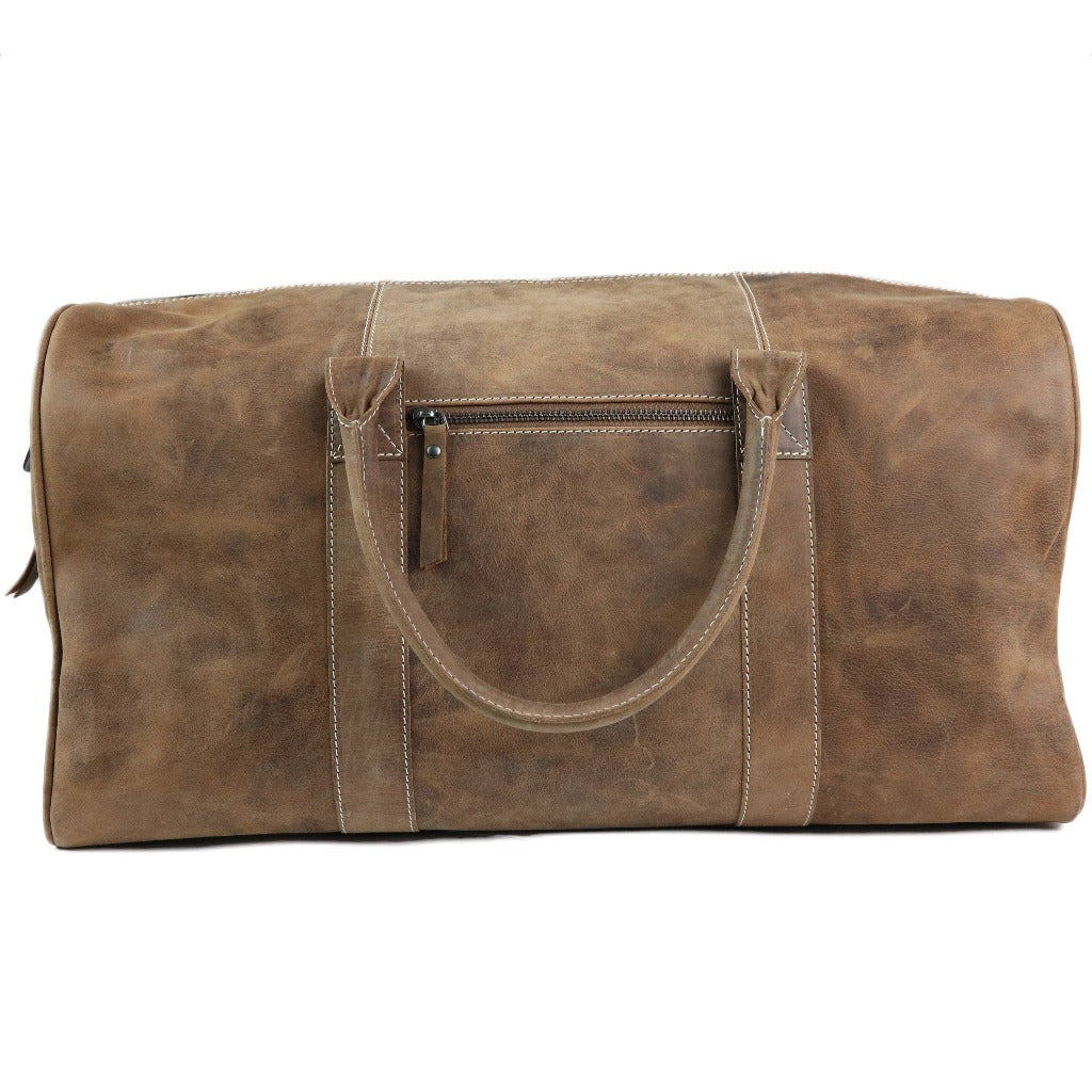 Full grain leather weekend travel bag with shoulder strap.  UC Leather Logo on front-Brown
