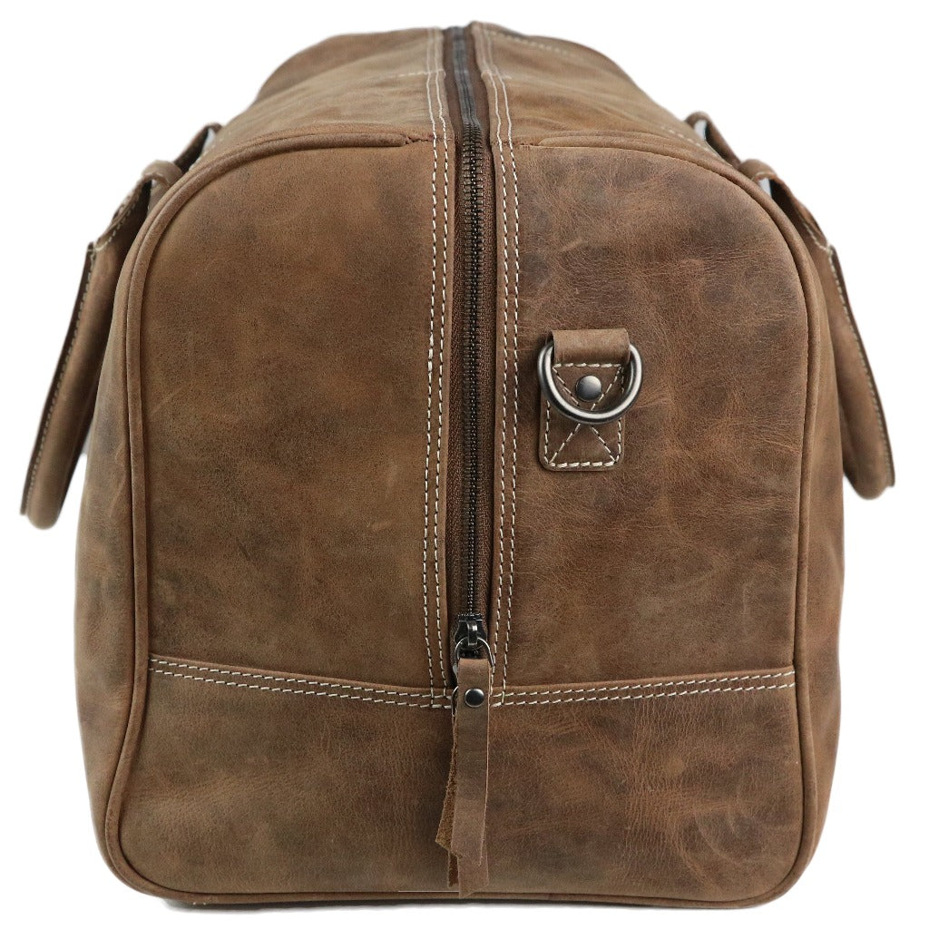 Full grain leather weekend travel bag with shoulder strap.  UC Leather Logo on front-Brown